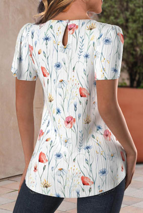 MODLILY White Cut-Out Floral Print Short Sleeve Blouse