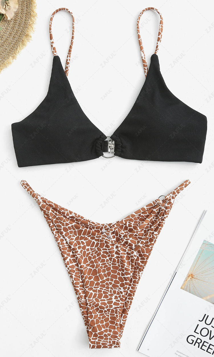 ZAFUL Strappy O-ring Ribbed Animal Print Bikini Swimwear - Coffee